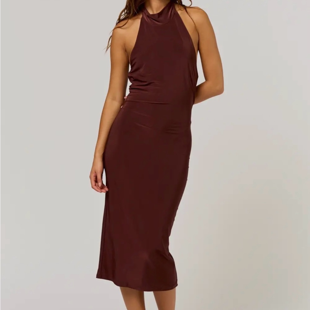 Elegant Brown Halter Midi Dress
